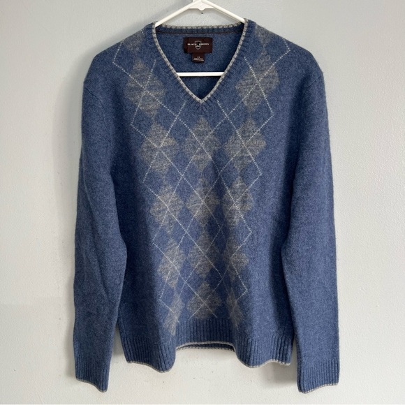 Black Brown 1826 Mens Lambswool V-Neck Argyle Sweater Pullover Blue Sz L Classic - Picture 1 of 10